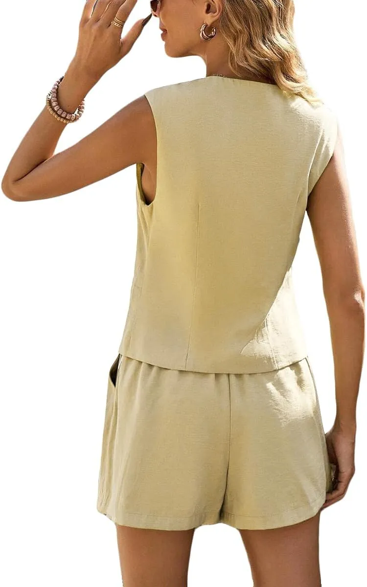 Linen Vest Tops for Women Summer Lihtweight Breathable V-Neck Button Fashion Casual Work Beach Vacation Outerwear