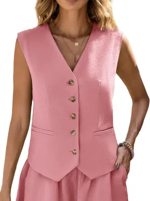 Linen Vest Tops for Women Summer Lihtweight Breathable V-Neck Button Fashion Casual Work Beach Vacation Outerwear