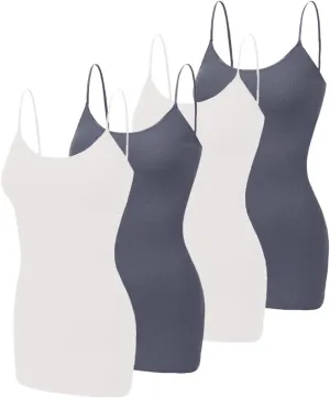 Long Camisole Tank Tops for Women - Undershirts Cami with Adjustable Spaghetti Strap 4 Pack (S-3XL)