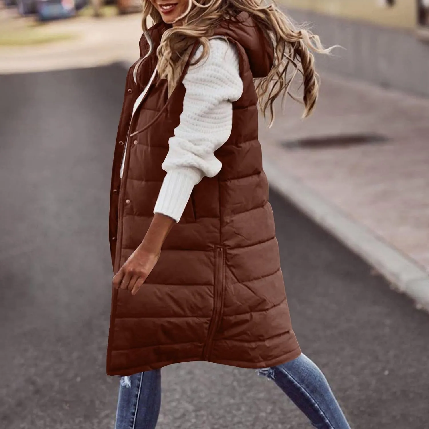 Long Puffer Vest Women Plus Size Winter Warm Coat Sleeveless Puffer Jacket Zipper Hooded Outerwear with Pockets