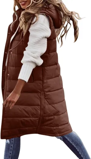 Long Puffer Vest Women Plus Size Winter Warm Coat Sleeveless Puffer Jacket Zipper Hooded Outerwear with Pockets