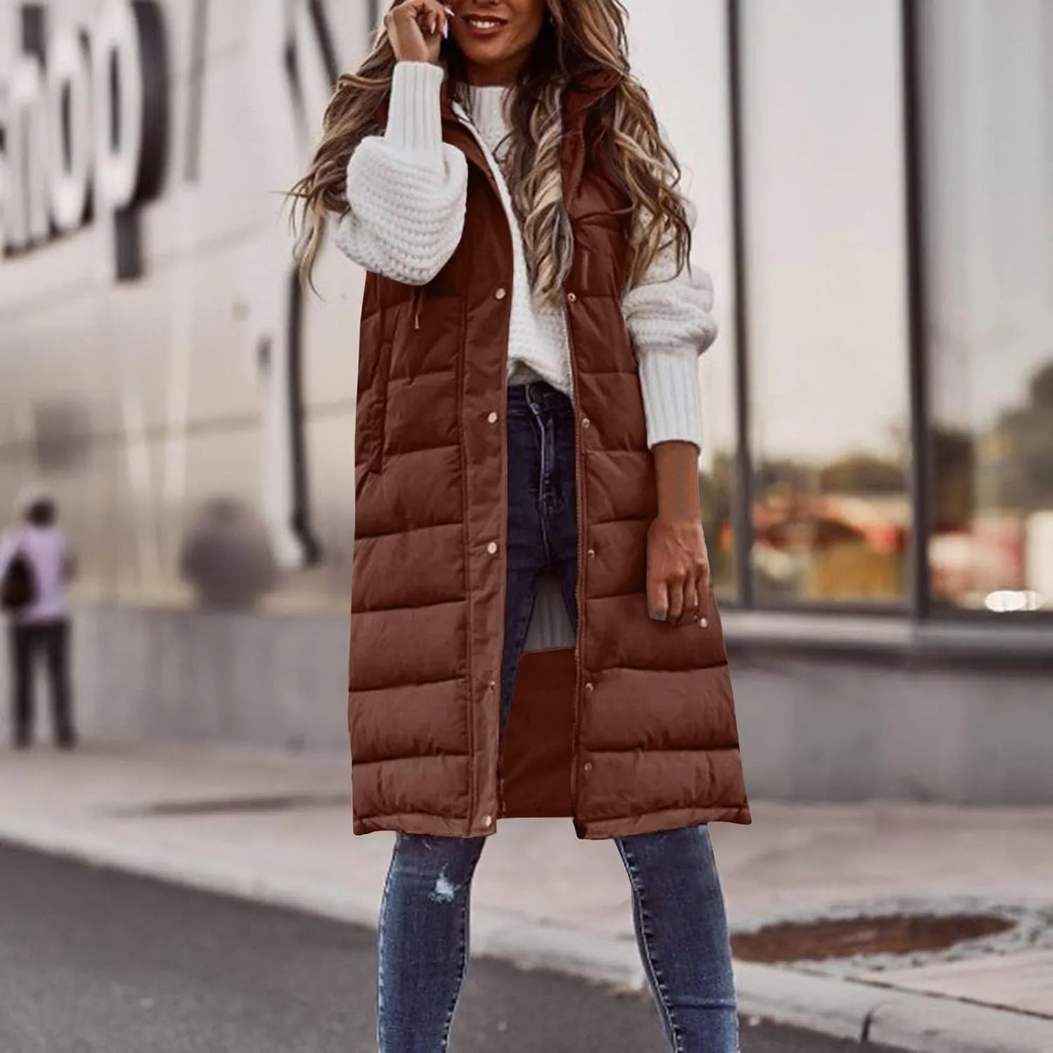 Long Puffer Vest Women Plus Size Winter Warm Coat Sleeveless Puffer Jacket Zipper Hooded Outerwear with Pockets