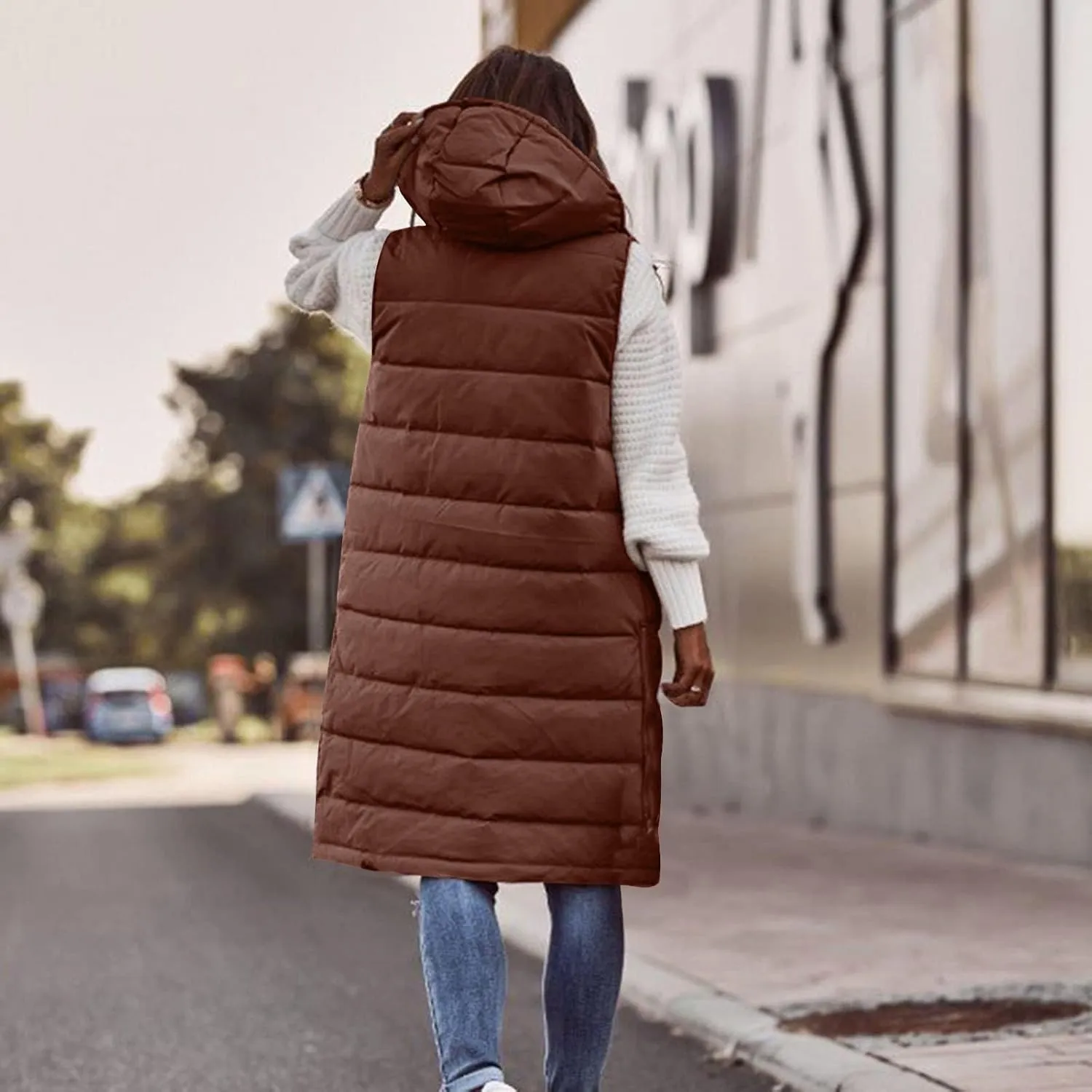 Long Puffer Vest Women Plus Size Winter Warm Coat Sleeveless Puffer Jacket Zipper Hooded Outerwear with Pockets