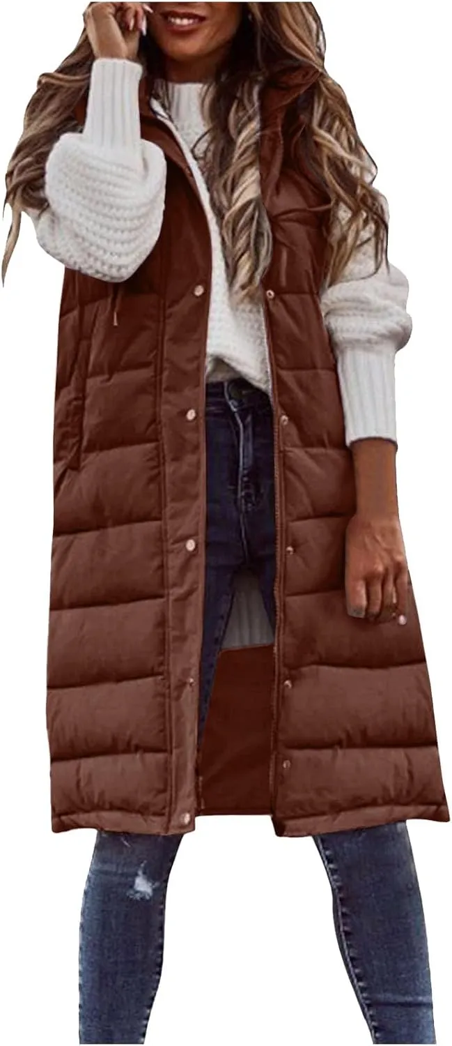 Long Puffer Vest Women Plus Size Winter Warm Coat Sleeveless Puffer Jacket Zipper Hooded Outerwear with Pockets