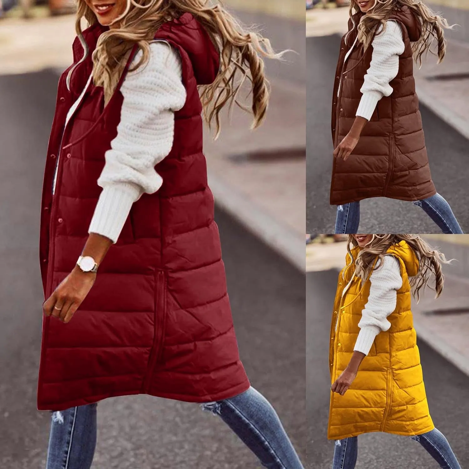 Long Puffer Vest Women Plus Size Winter Warm Coat Sleeveless Puffer Jacket Zipper Hooded Outerwear with Pockets