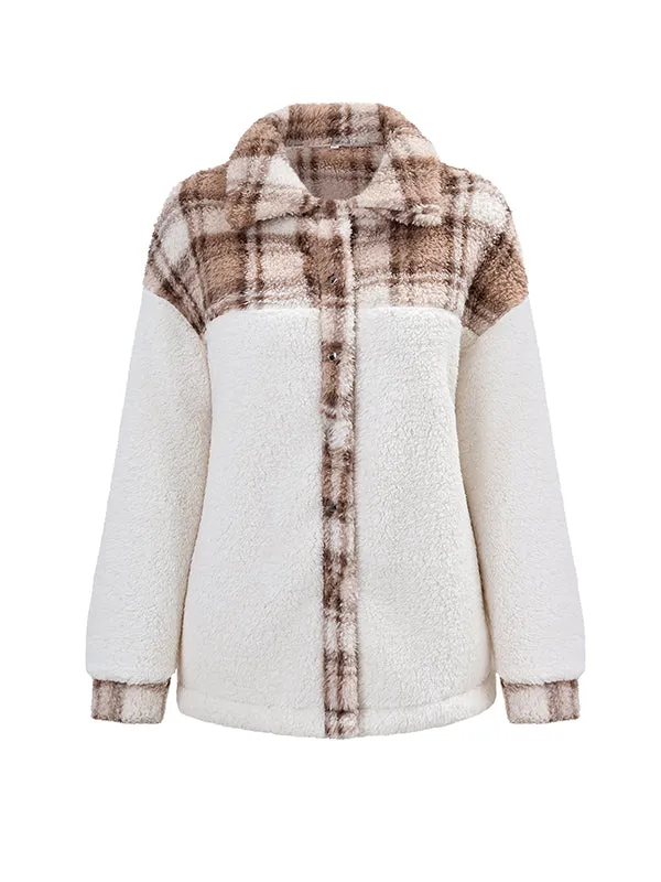 Long Sleeves Loose Buttoned Plaid Split-Joint Velvet Lapel Outerwear