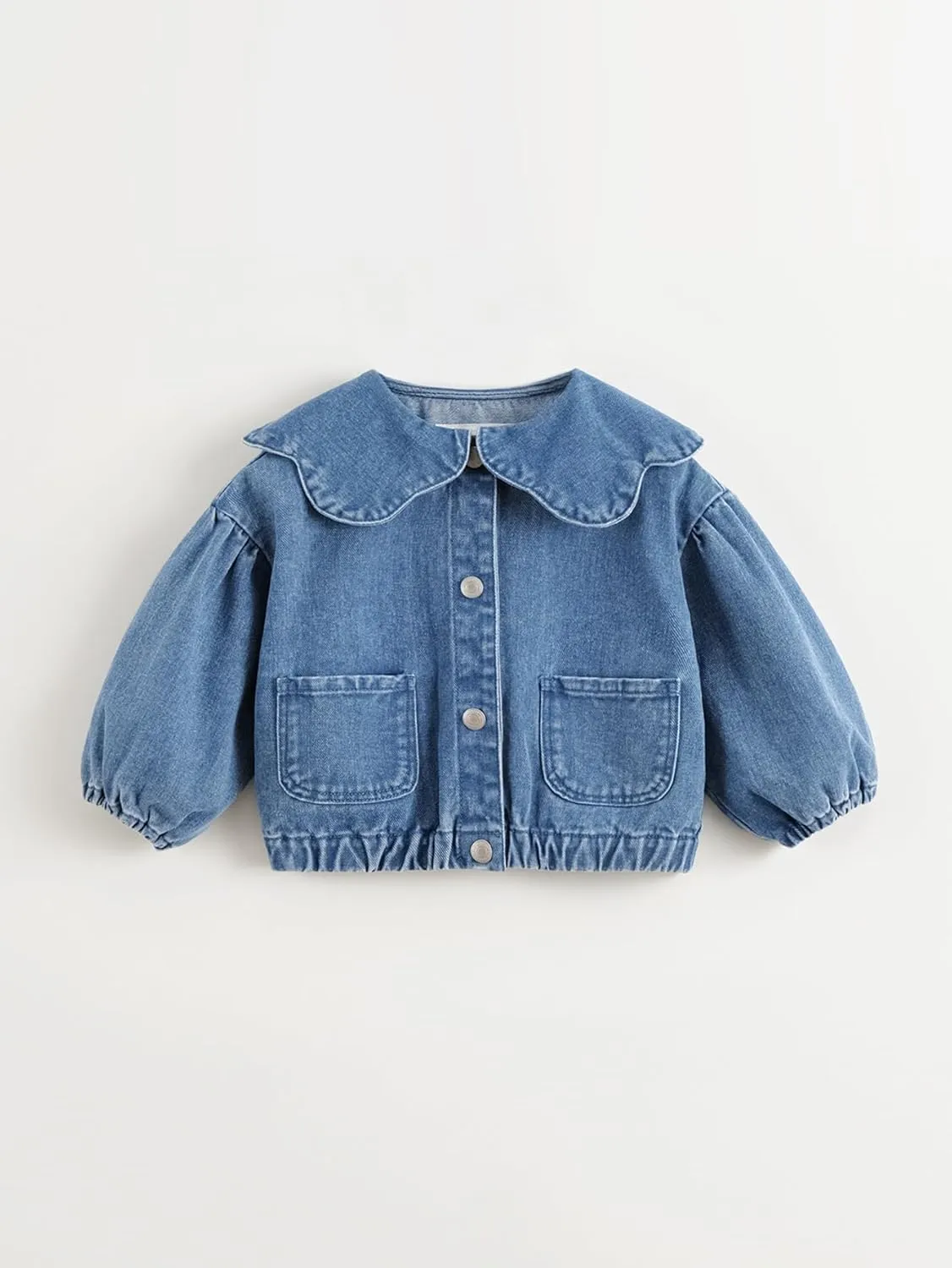 marc & janie Girls Lace Large Lapel Denim Jacket Bubble Sleeve Cotton Outerwear Kids Button Down Tops 250197
