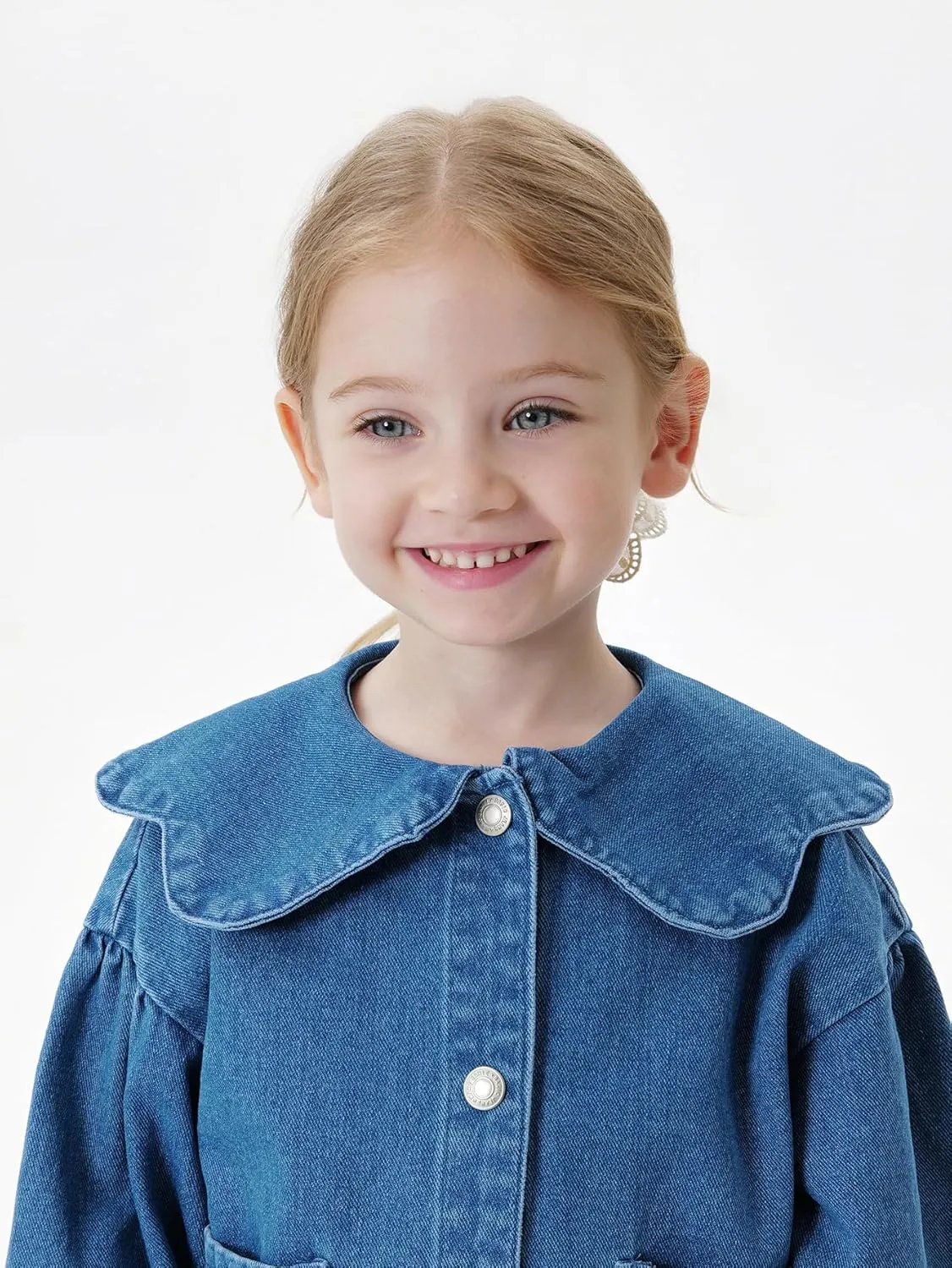 marc & janie Girls Lace Large Lapel Denim Jacket Bubble Sleeve Cotton Outerwear Kids Button Down Tops 250197