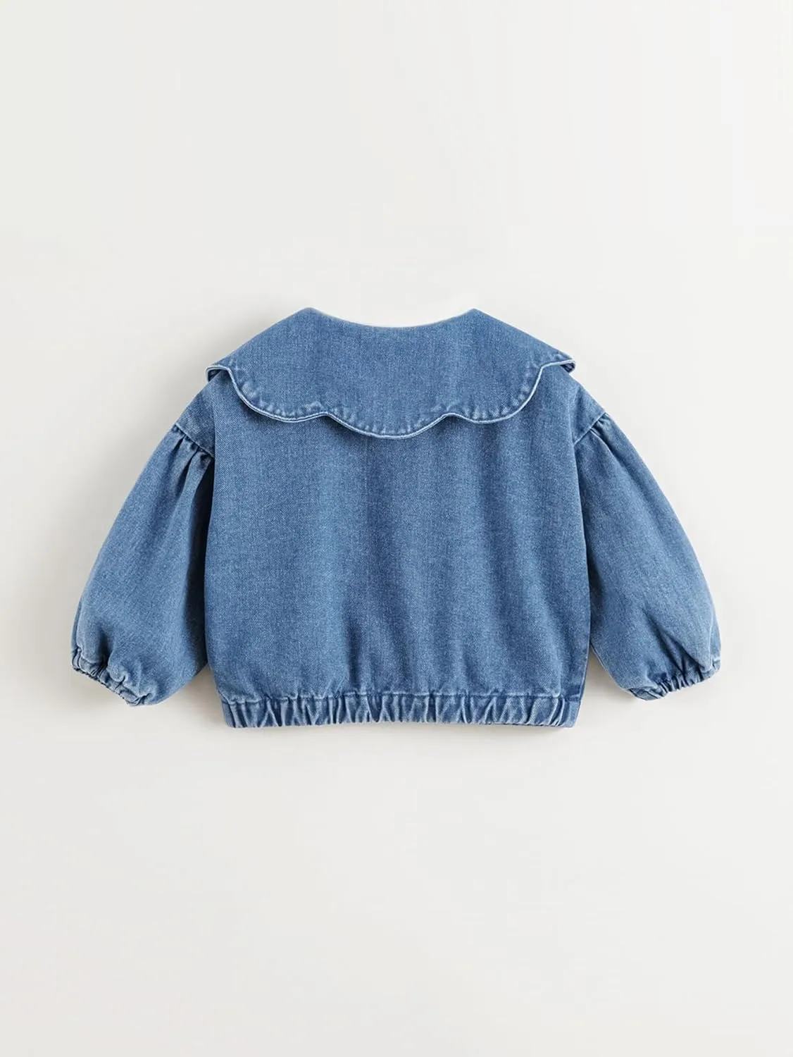 marc & janie Girls Lace Large Lapel Denim Jacket Bubble Sleeve Cotton Outerwear Kids Button Down Tops 250197