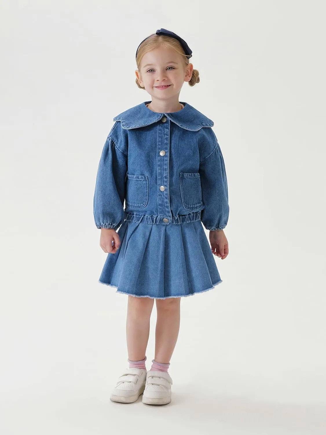 marc & janie Girls Lace Large Lapel Denim Jacket Bubble Sleeve Cotton Outerwear Kids Button Down Tops 250197