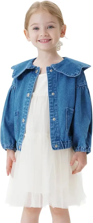 marc & janie Girls Lace Large Lapel Denim Jacket Bubble Sleeve Cotton Outerwear Kids Button Down Tops 250197