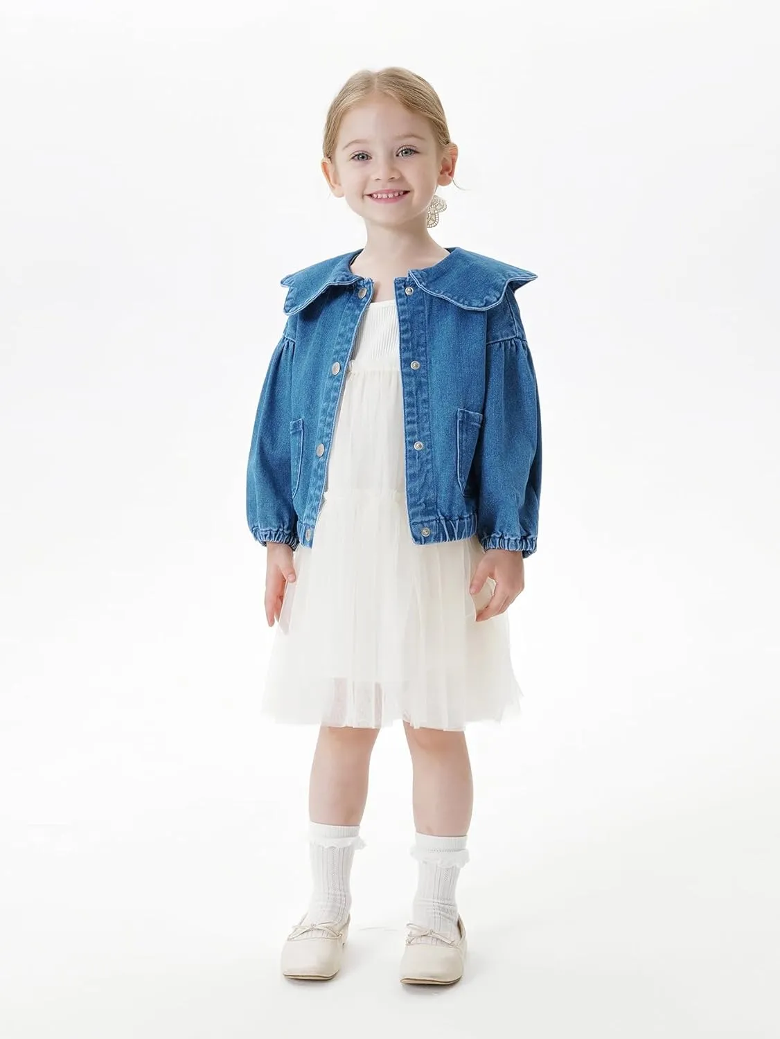 marc & janie Girls Lace Large Lapel Denim Jacket Bubble Sleeve Cotton Outerwear Kids Button Down Tops 250197