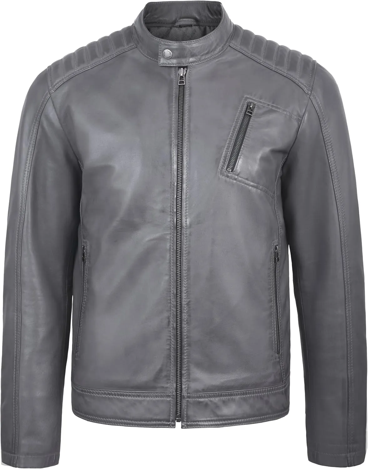 Men's Genuine Lambskin Leather Motorcycle Jacket  Vintage Cafe Racer Style Slim Fit Biker Coat