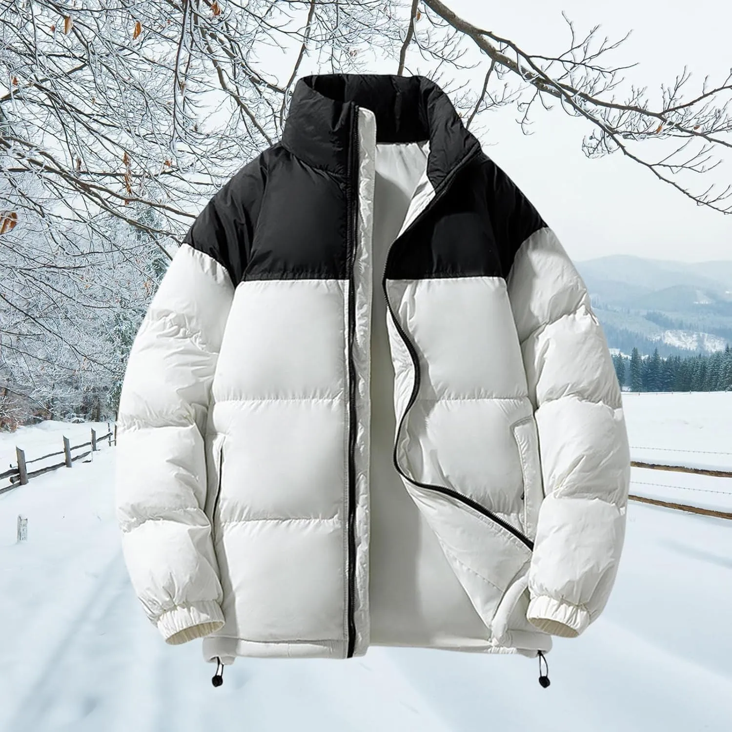 Men's Puffer Jacket Thickened Winter Warm Coat Stand Collar Color Block Zip Up Jacket Ski Bubble Coat Pockets