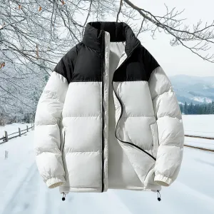 Men's Puffer Jacket Thickened Winter Warm Coat Stand Collar Color Block Zip Up Jacket Ski Bubble Coat Pockets