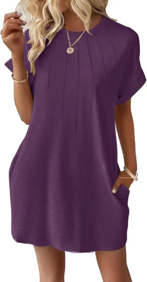 Minclouse Women's Casual Cap Short Sleeves Mini Dresses Cute Pleated T Shirt Dress with Pockets