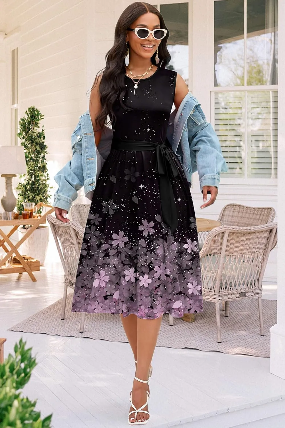 Nmoder Women Summer Dresses Sleeveless Swing Vacation Sundress A-Line Floral Crewneck Casual Midi Dress with Pockets