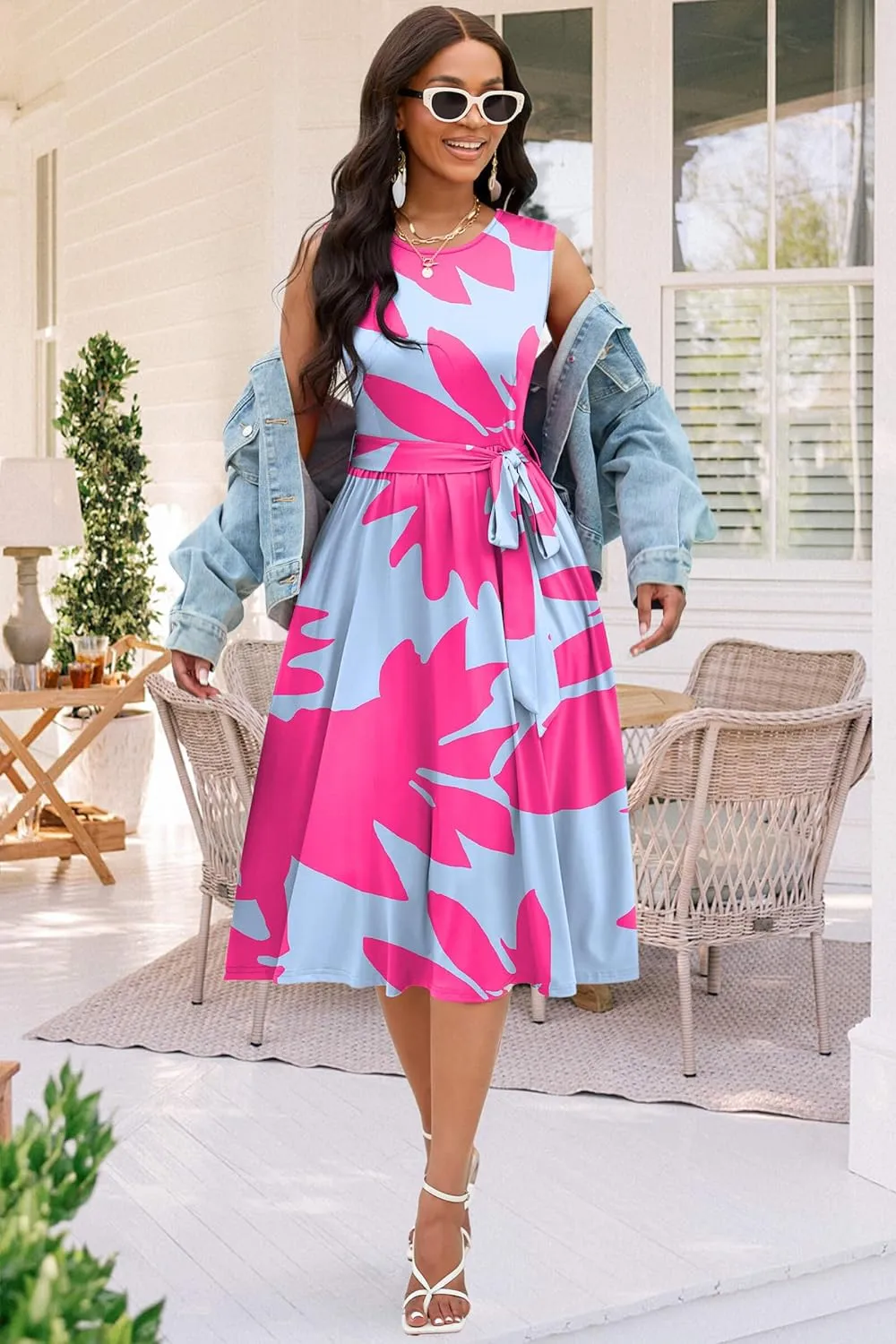 Nmoder Women Summer Dresses Sleeveless Swing Vacation Sundress A-Line Floral Crewneck Casual Midi Dress with Pockets