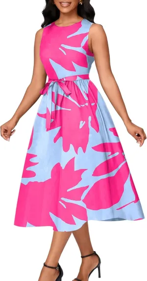 Nmoder Women Summer Dresses Sleeveless Swing Vacation Sundress A-Line Floral Crewneck Casual Midi Dress with Pockets