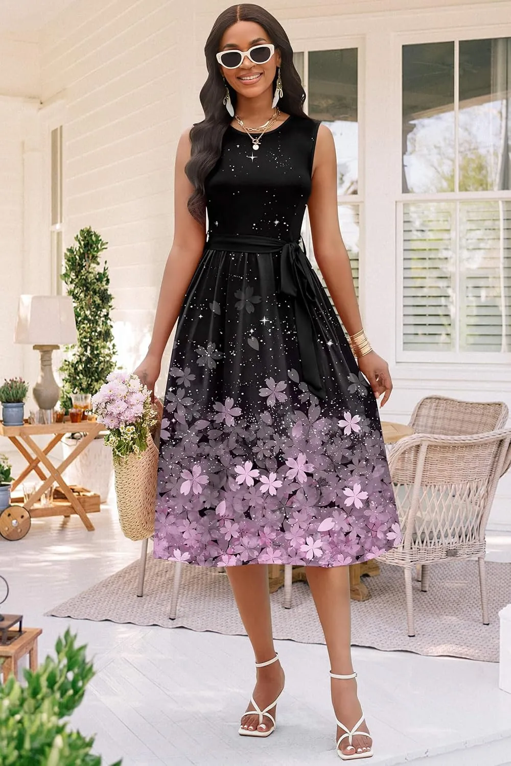 Nmoder Women Summer Dresses Sleeveless Swing Vacation Sundress A-Line Floral Crewneck Casual Midi Dress with Pockets