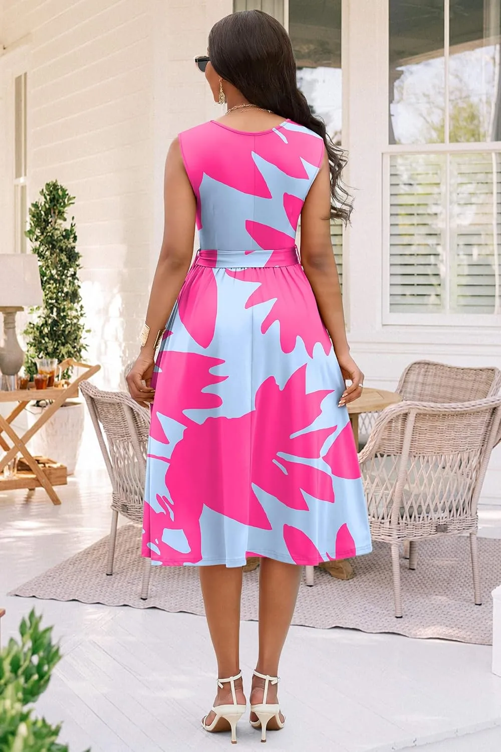 Nmoder Women Summer Dresses Sleeveless Swing Vacation Sundress A-Line Floral Crewneck Casual Midi Dress with Pockets