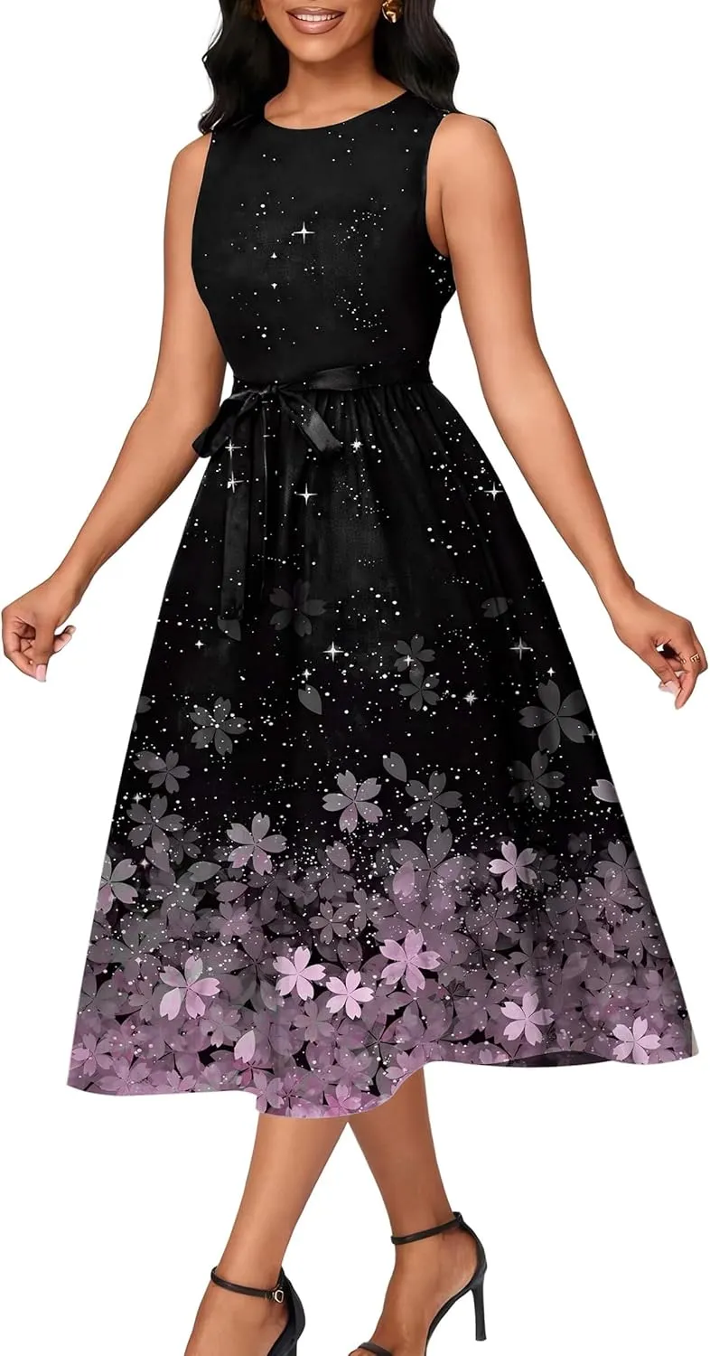 Nmoder Women Summer Dresses Sleeveless Swing Vacation Sundress A-Line Floral Crewneck Casual Midi Dress with Pockets
