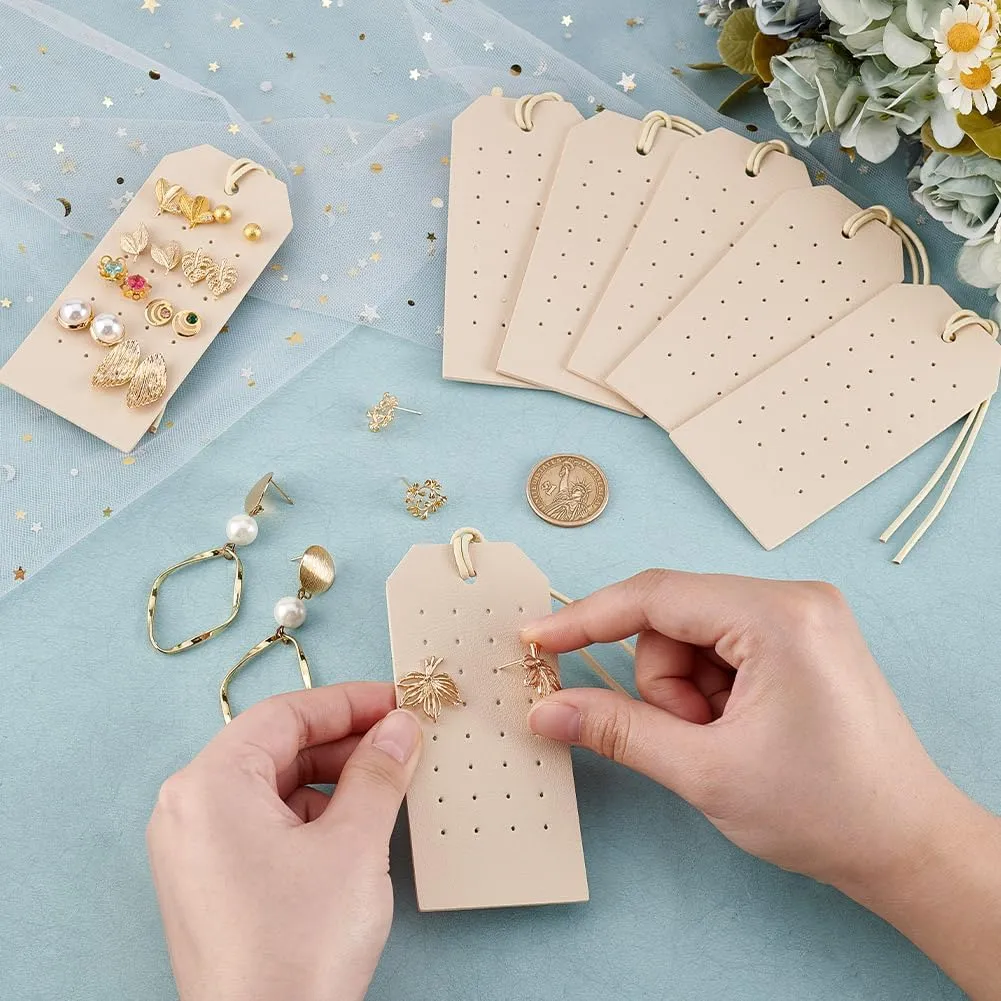 OLYCRAFT 7Pcs Portable Leather Earring Holders Beige Leather Earring Displays 4.3x2 Inch Imitation Leather Stud Holder Earring Organizer Hanging Jewelry Organizer for Earrings Studs Jewelry Storage
