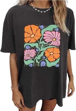 Oversized Graphic T-Shirt for Women Vintage Floral Shirt Rock Band Music Guitar Tee Casual Holiday Cute Plant Tops