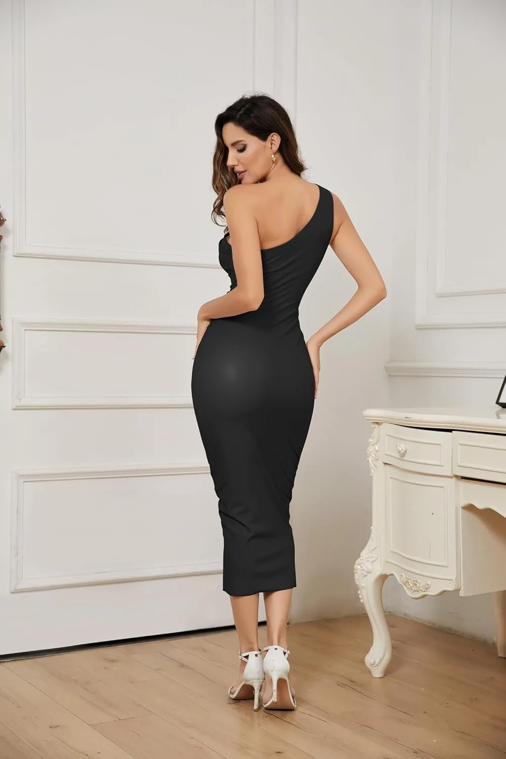 OVRUNS One Shoulder Faux PU Leather Dress Bodycon Sleeveless Ruched Cocktail Clubwear Midi Dresses for Women