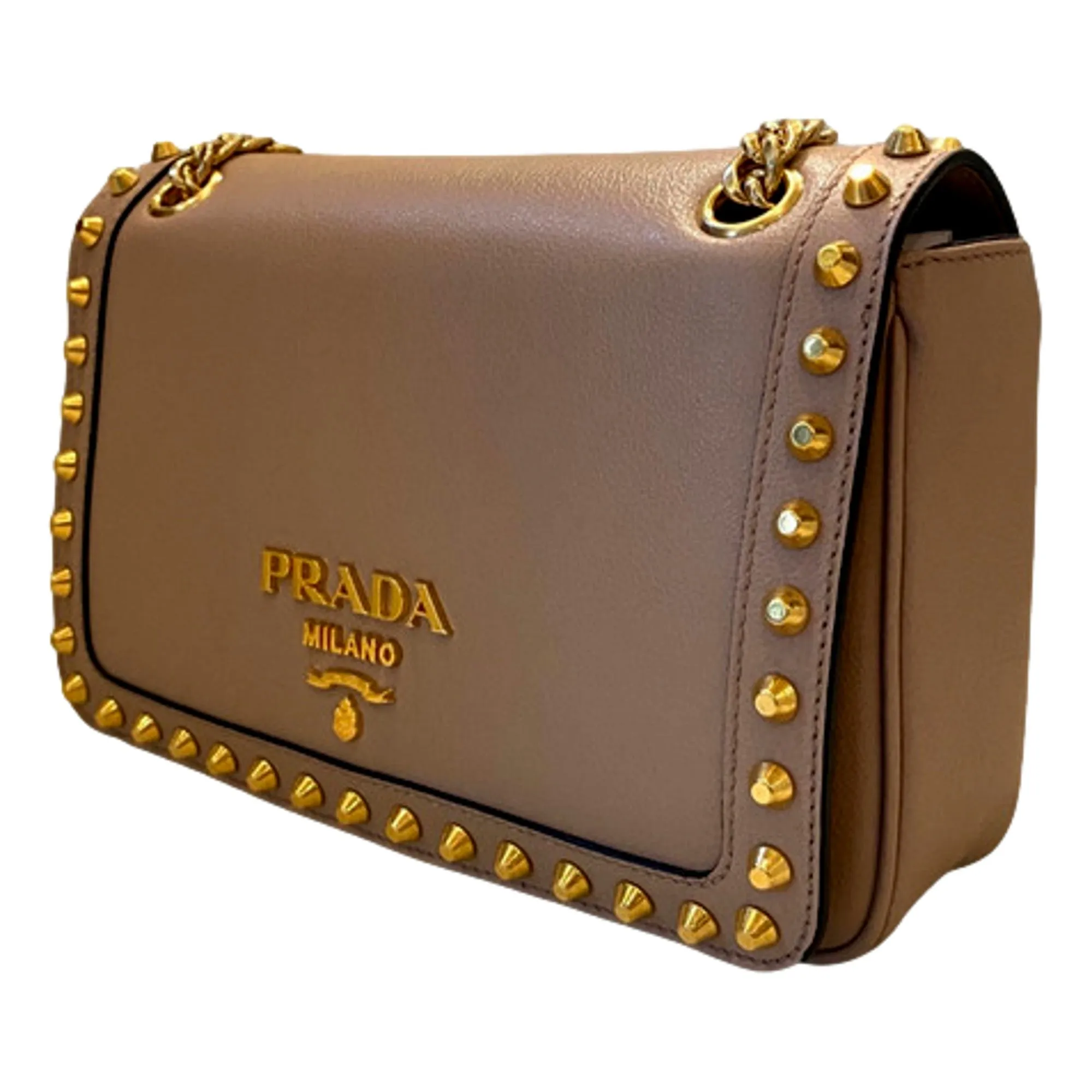 Prada Pattina Glace Calf Leather Cammeo Beige Gold Studded Bag