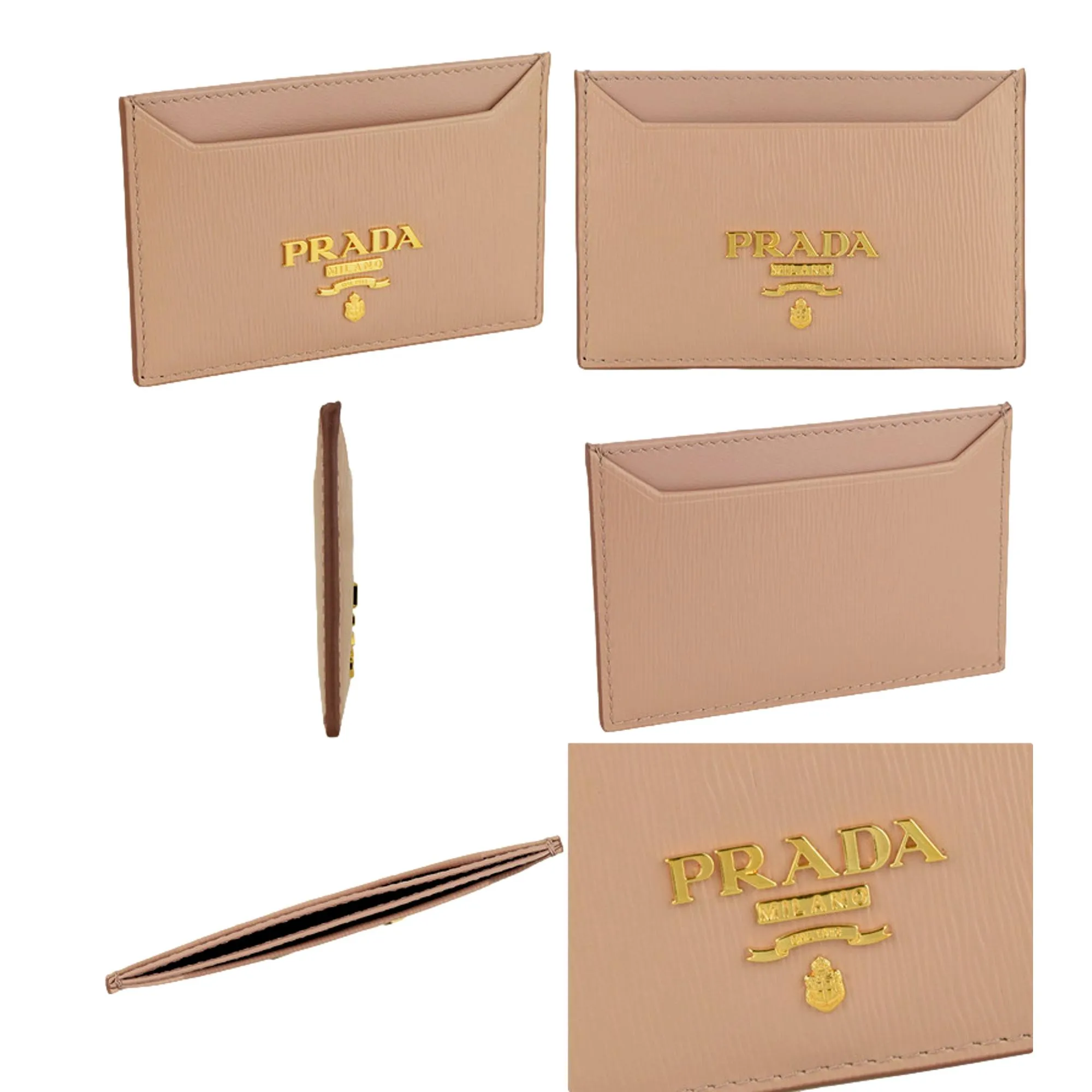 Prada Vitello Move Cipria Beige Leather Logo Plaque Card Holder Wallet