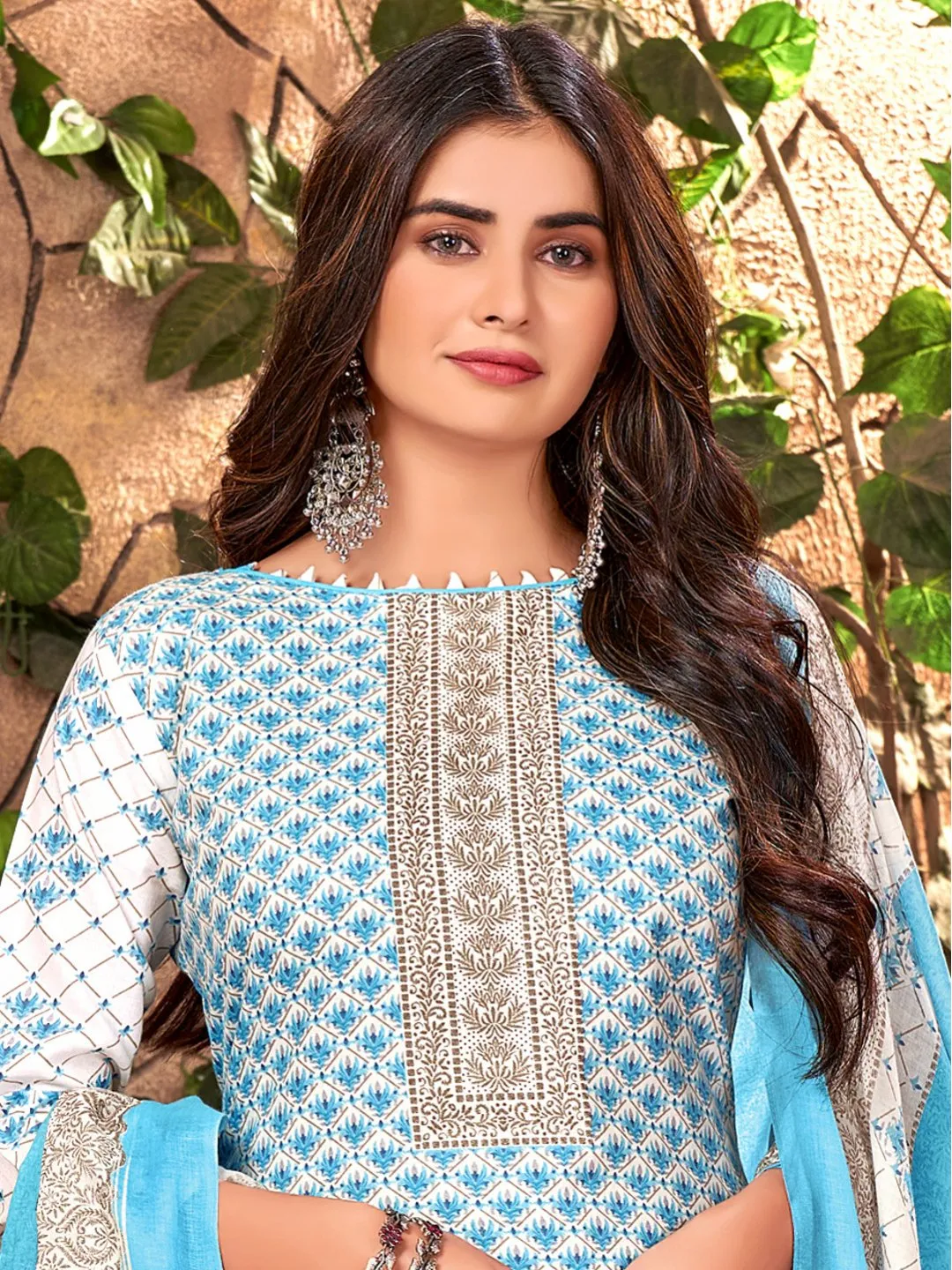 Printed Cotton Blue Un-Stitched Suit Material