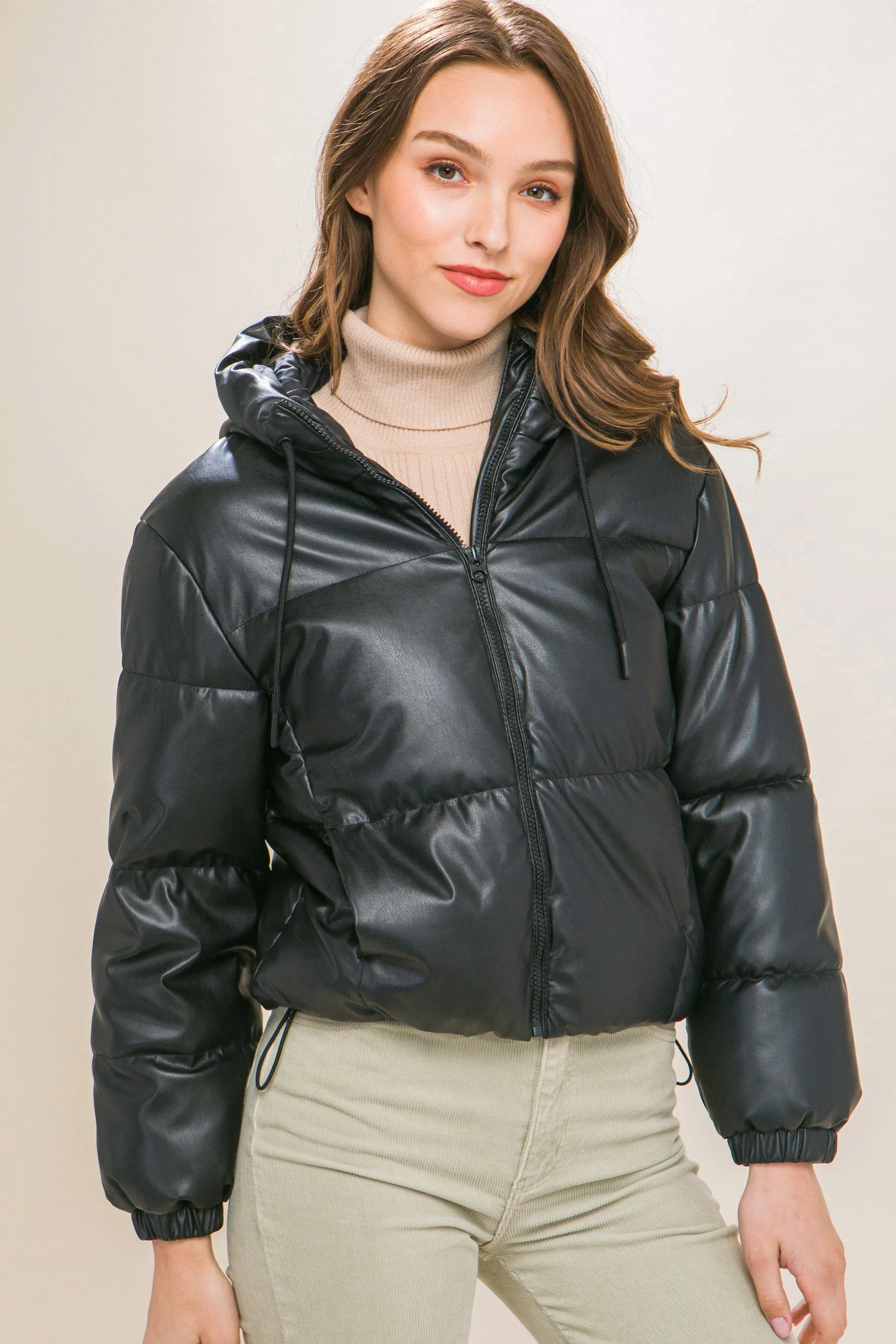 Pu Faux Leather Zipper Hooded Women's Puffer Jacket - 5 colors
