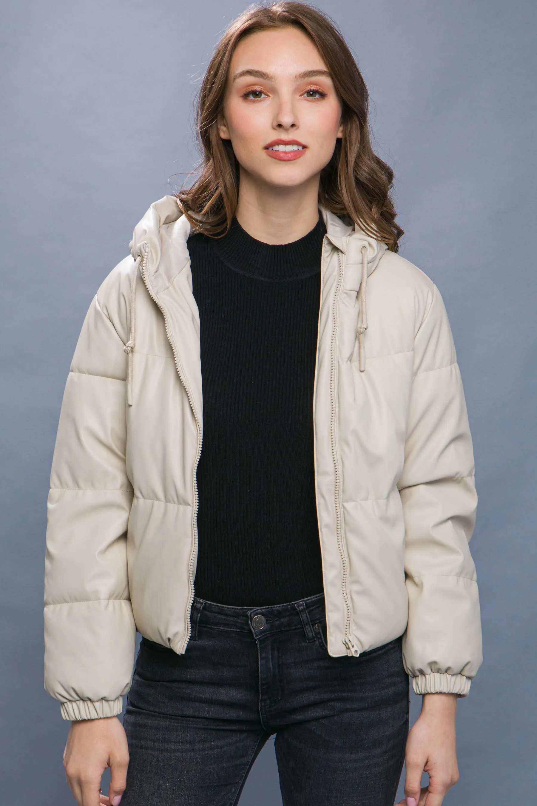 Pu Faux Leather Zipper Hooded Women's Puffer Jacket - 5 colors