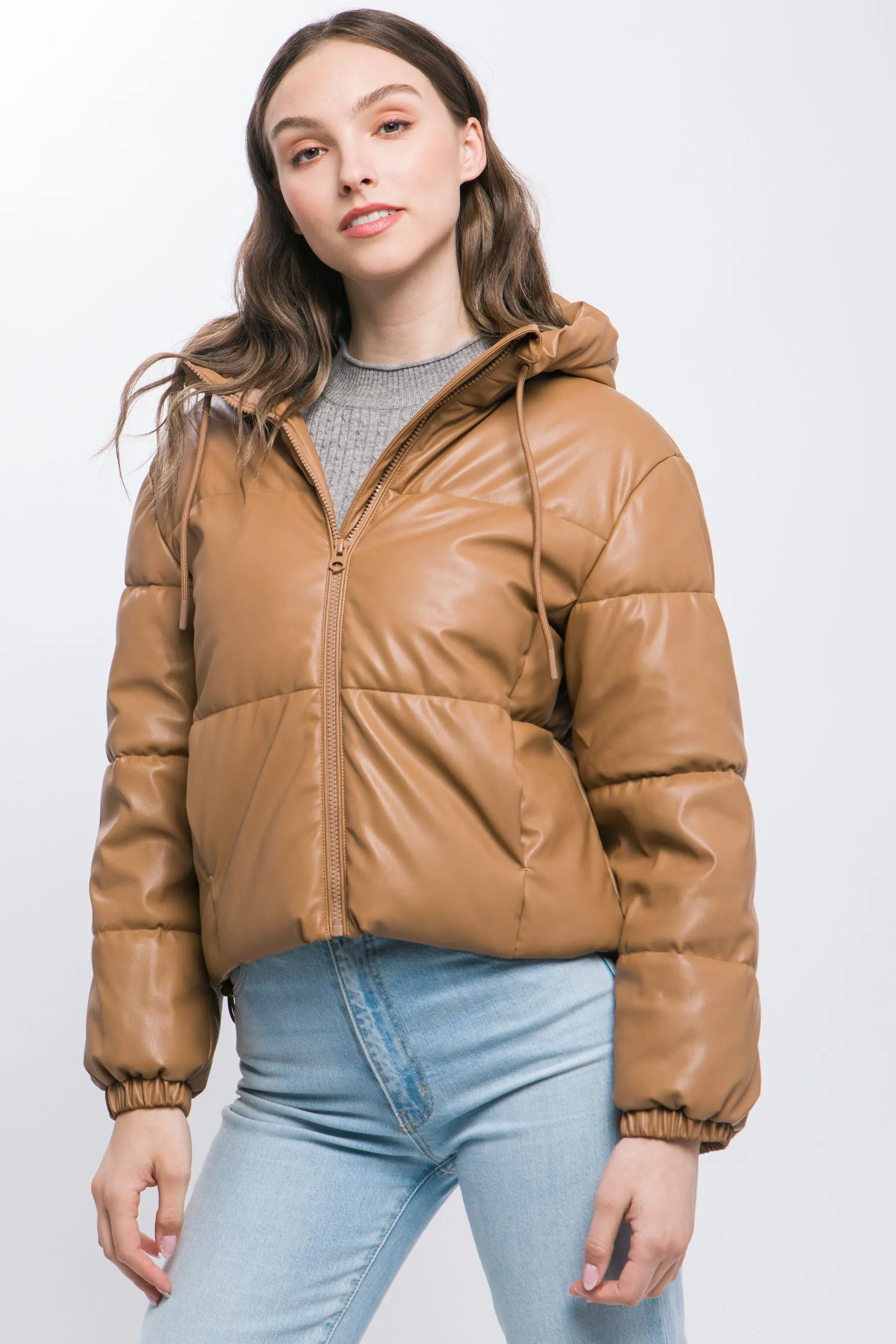 Pu Faux Leather Zipper Hooded Women's Puffer Jacket - 5 colors