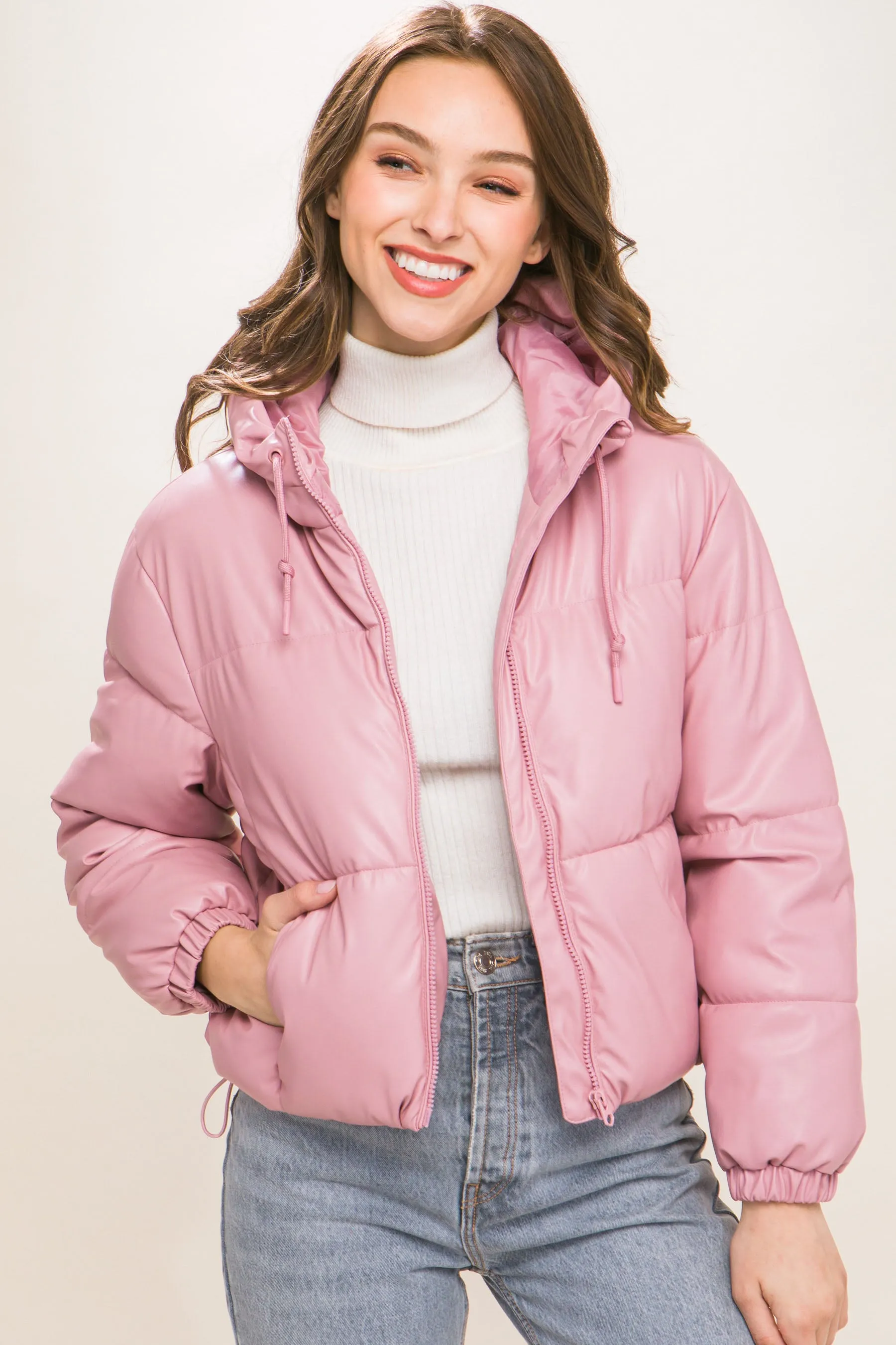 Pu Faux Leather Zipper Hooded Women's Puffer Jacket - 5 colors