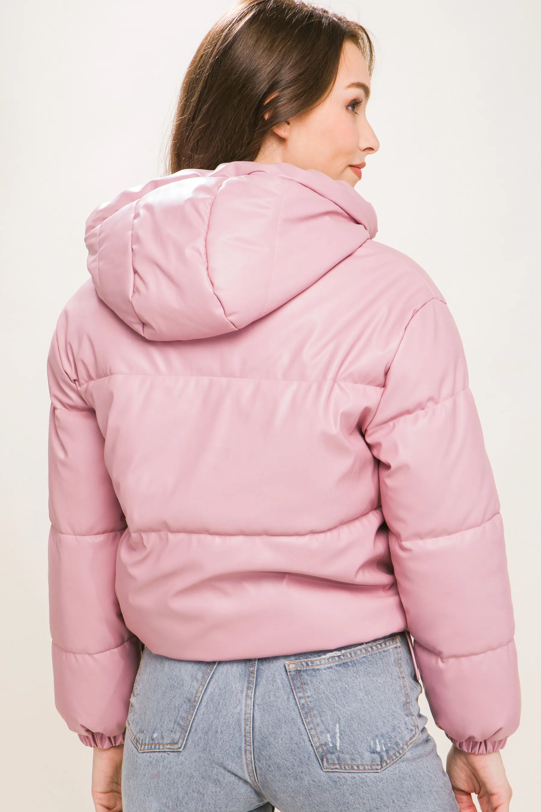 Pu Faux Leather Zipper Hooded Women's Puffer Jacket - 5 colors