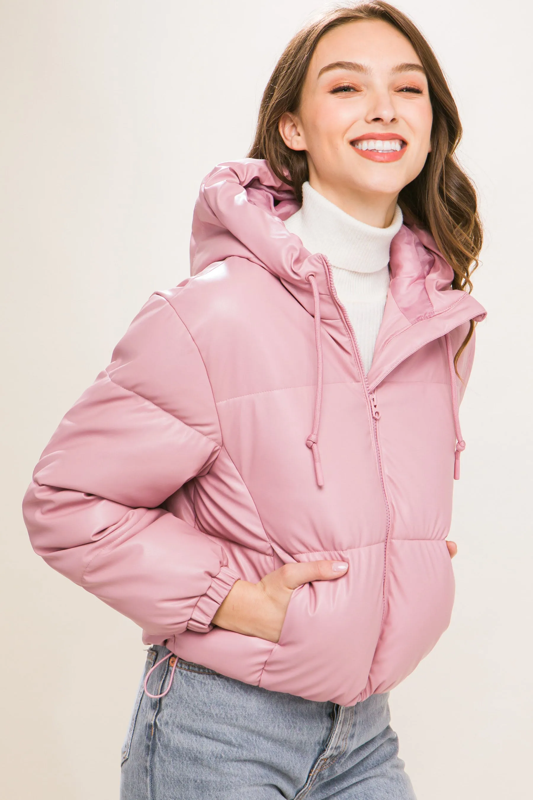 Pu Faux Leather Zipper Hooded Women's Puffer Jacket - 5 colors