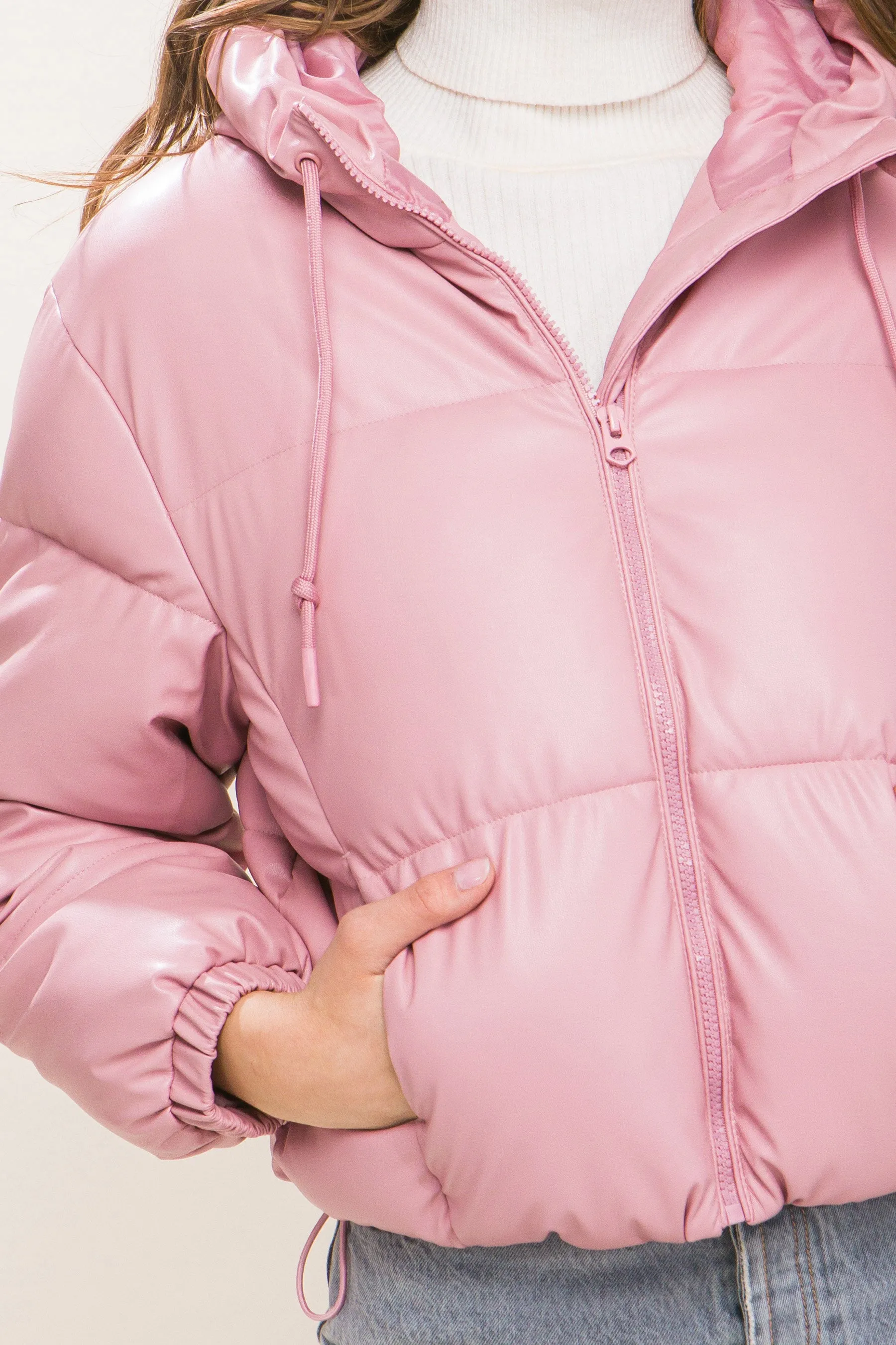 Pu Faux Leather Zipper Hooded Women's Puffer Jacket - 5 colors