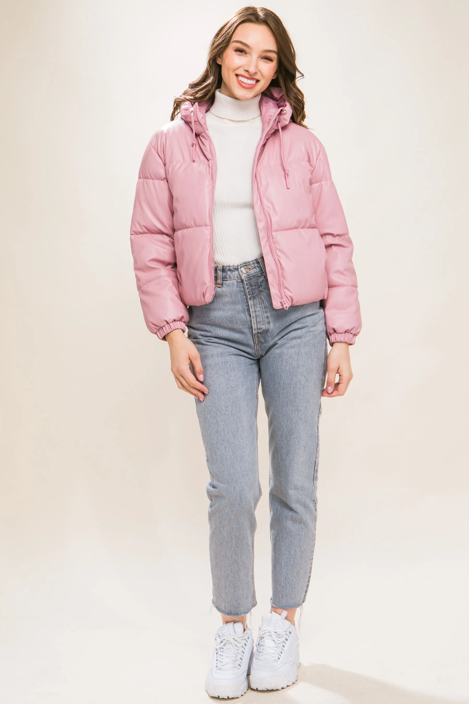 Pu Faux Leather Zipper Hooded Women's Puffer Jacket - 5 colors