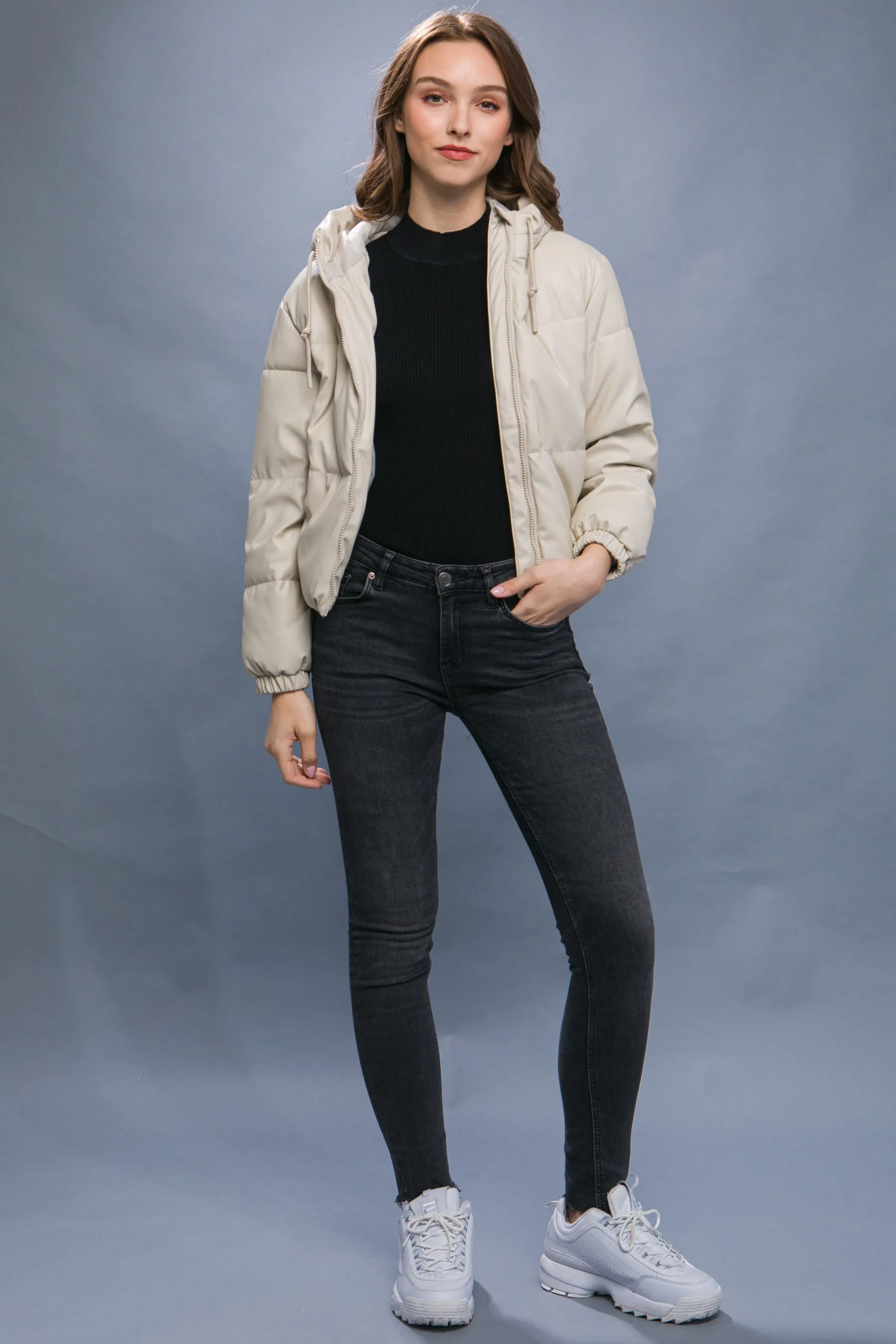 Pu Faux Leather Zipper Hooded Women's Puffer Jacket - 5 colors