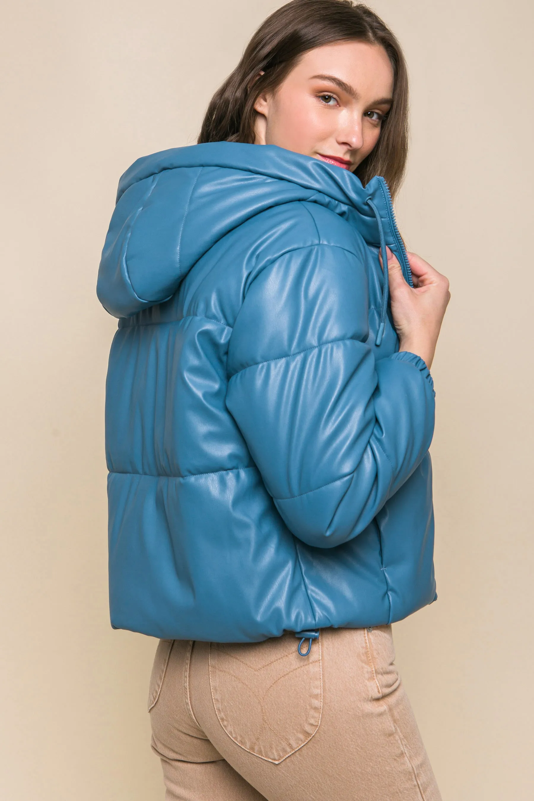Pu Faux Leather Zipper Hooded Women's Puffer Jacket - 5 colors