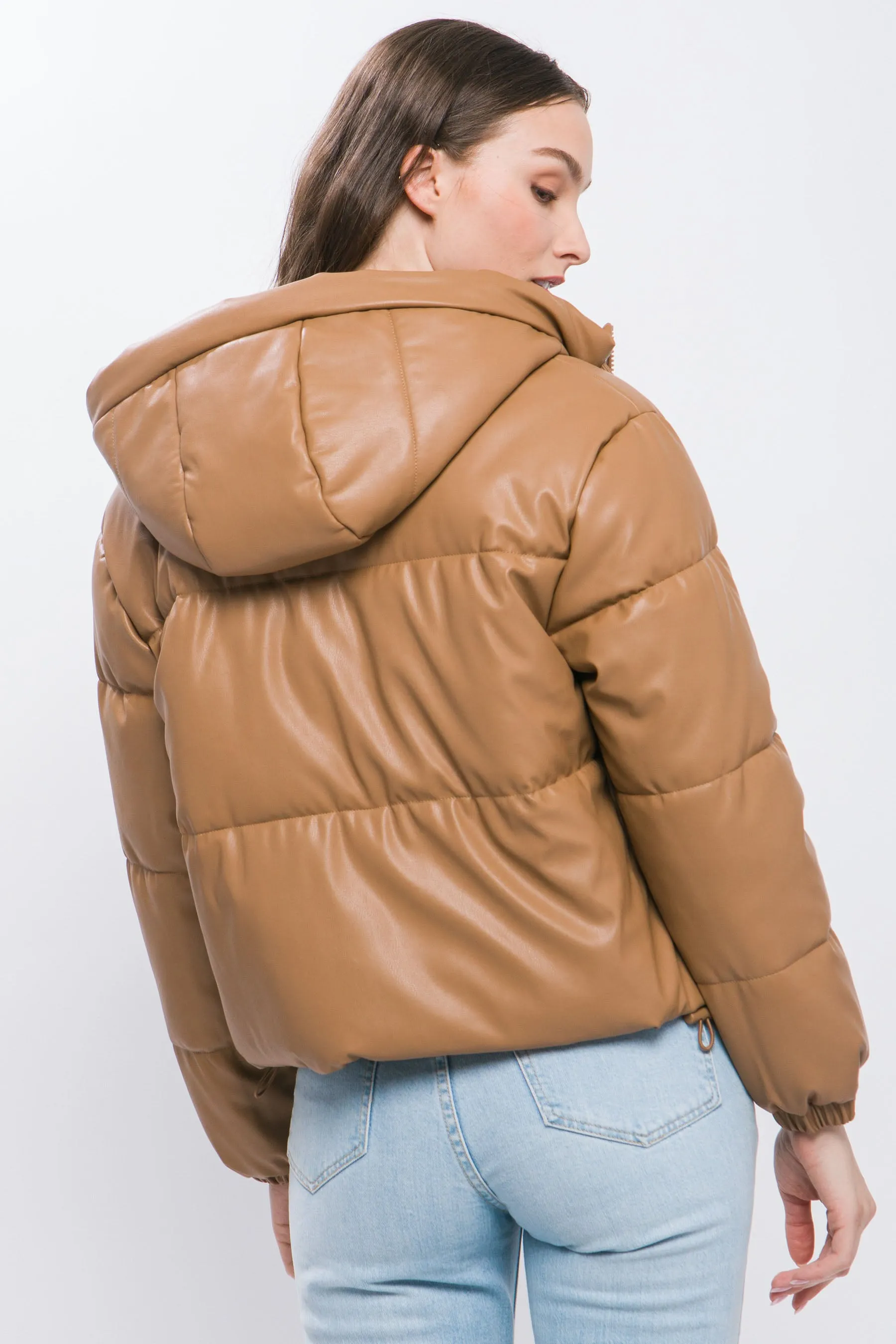 Pu Faux Leather Zipper Hooded Women's Puffer Jacket - 5 colors