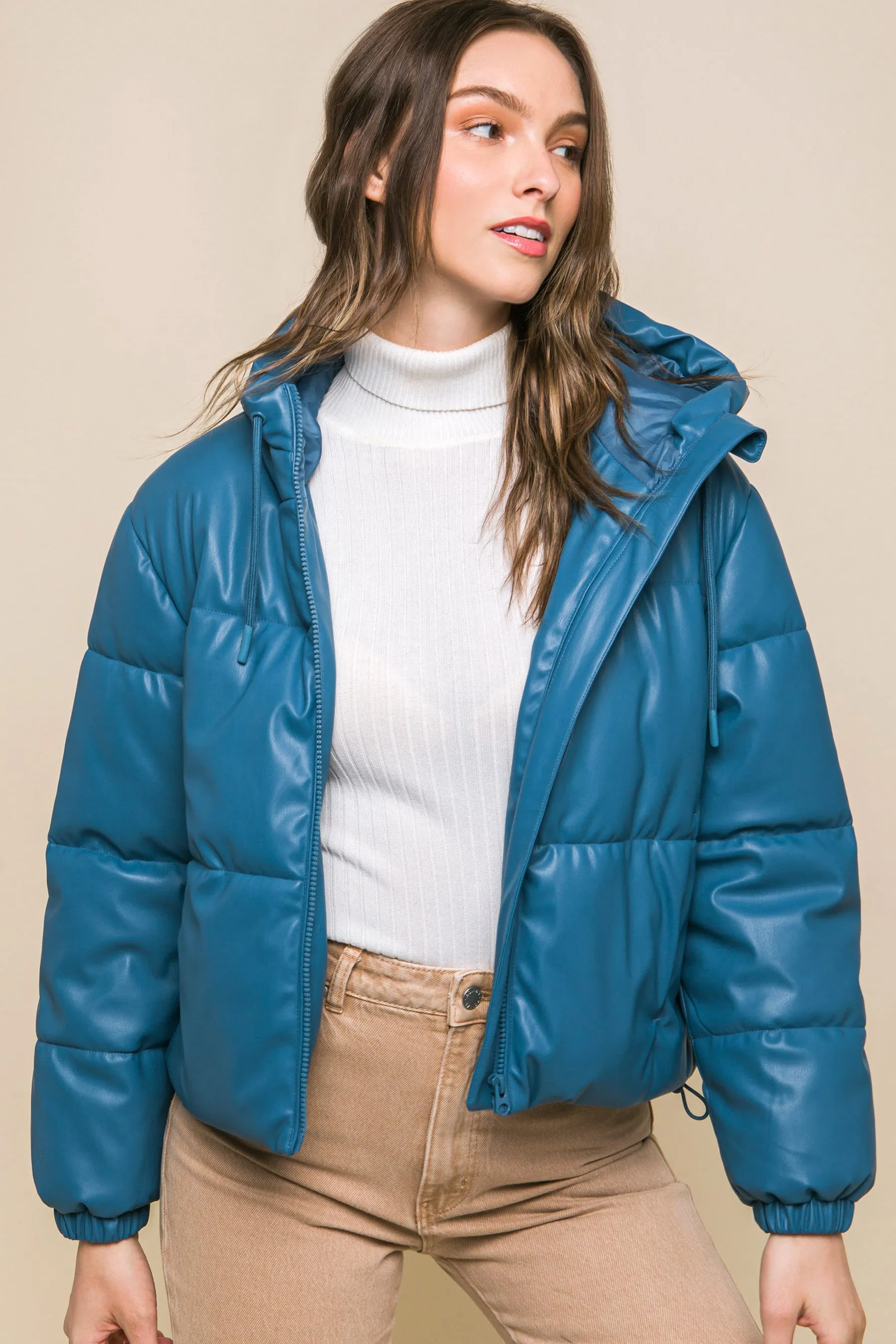 Pu Faux Leather Zipper Hooded Women's Puffer Jacket - 5 colors