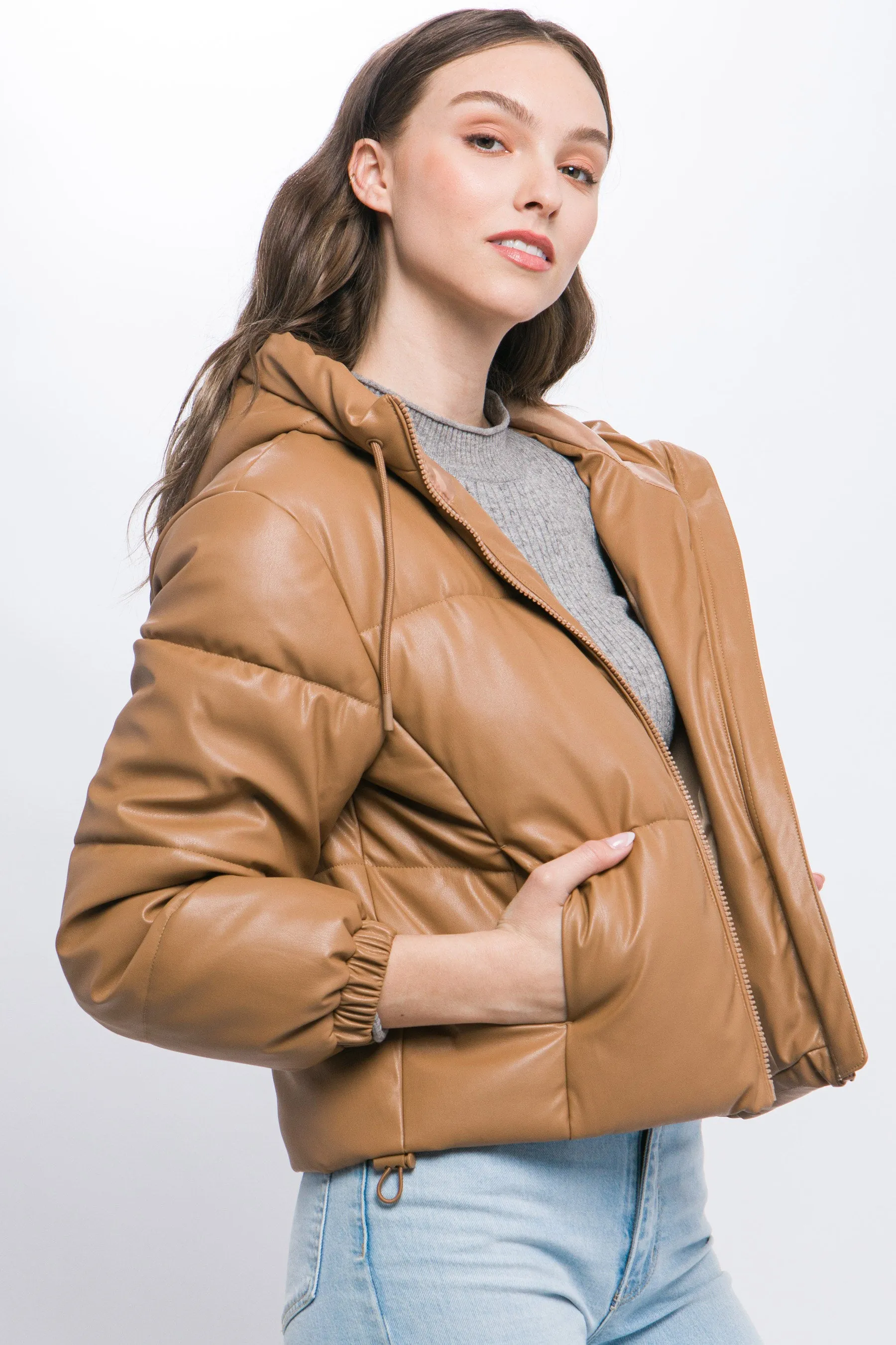 Pu Faux Leather Zipper Hooded Women's Puffer Jacket - 5 colors