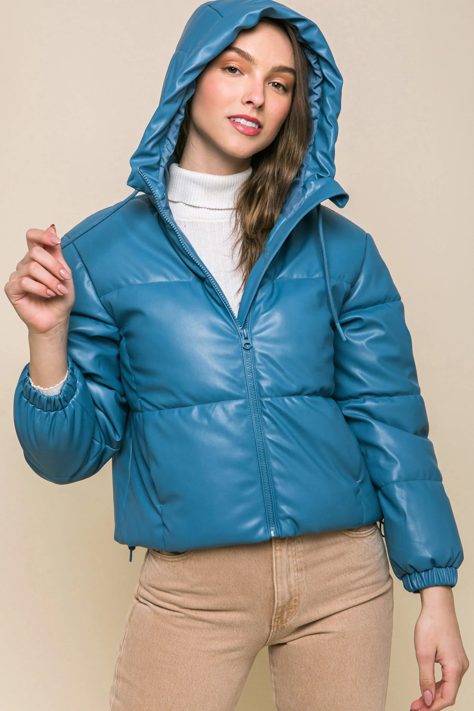 Pu Faux Leather Zipper Hooded Women's Puffer Jacket - 5 colors