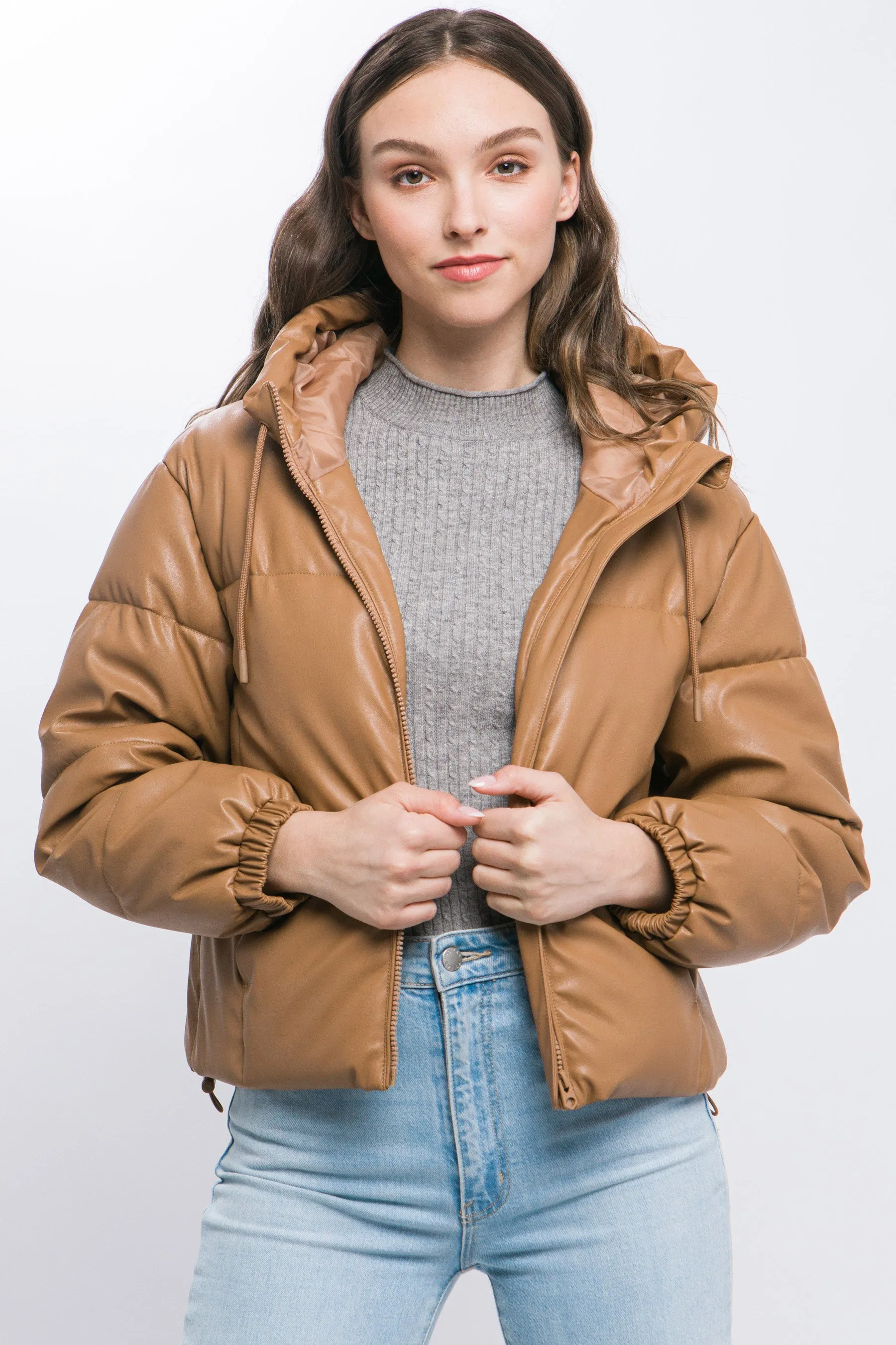Pu Faux Leather Zipper Hooded Women's Puffer Jacket - 5 colors