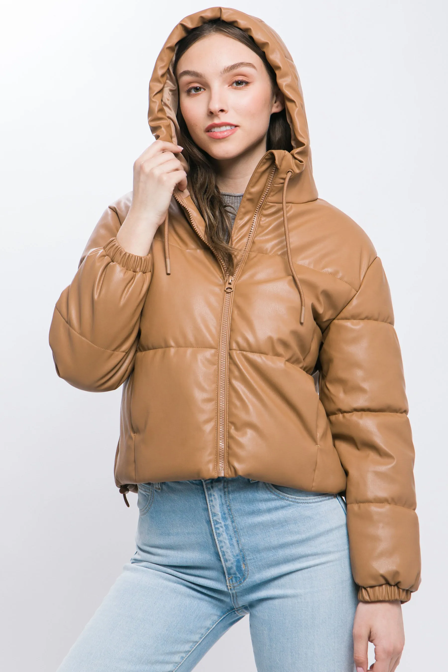 Pu Faux Leather Zipper Hooded Women's Puffer Jacket - 5 colors