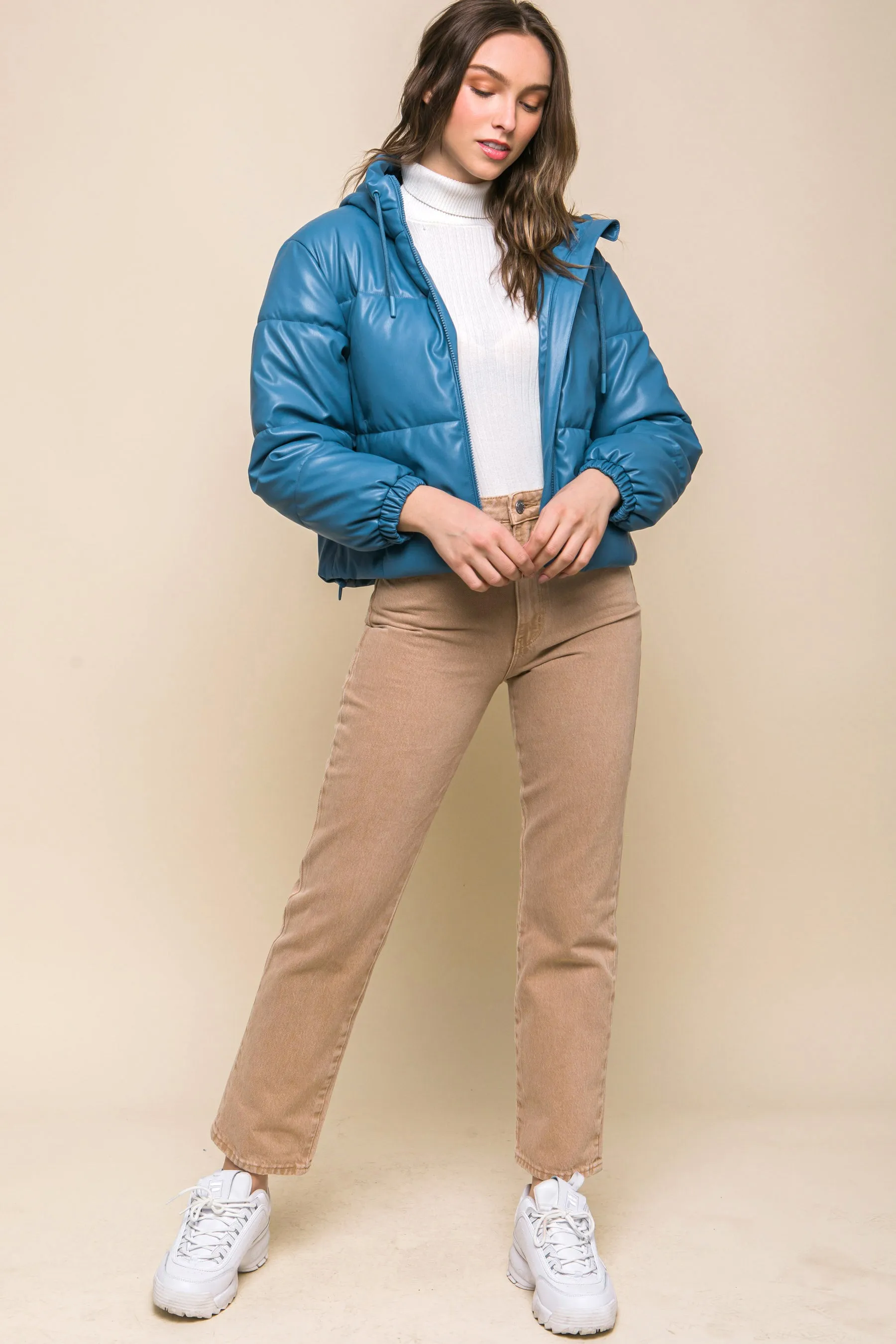 Pu Faux Leather Zipper Hooded Women's Puffer Jacket - 5 colors