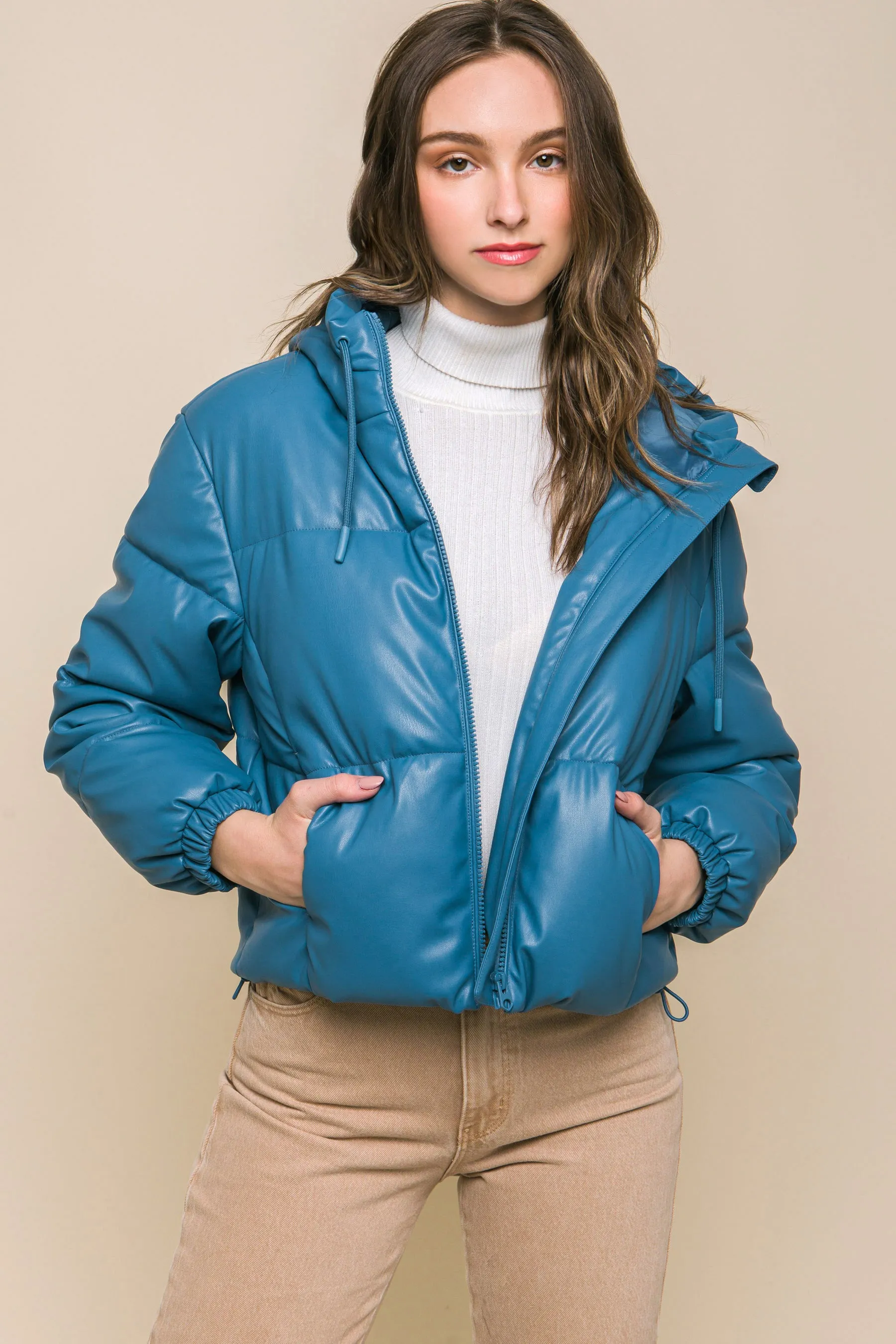 Pu Faux Leather Zipper Hooded Women's Puffer Jacket - 5 colors